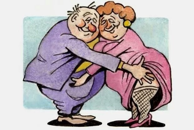 объятия пожилой пары - картинка с юмором ко Дню обнимашек