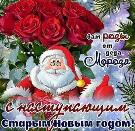 Красивые открытки с наступающим Старым Новым годом с пожеланием - Розы от Деда Мороза 